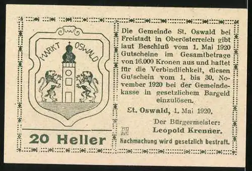 Notgeld St. Oswald bei Freistadt 1920, 20 Heller, Kirchen und Stadtwappen