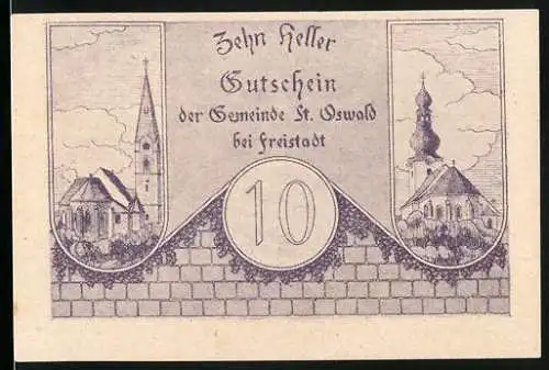 Notgeld St. Oswald bei Freistadt 1920, 10 Heller, Stadtwappen und zwei Kirchen