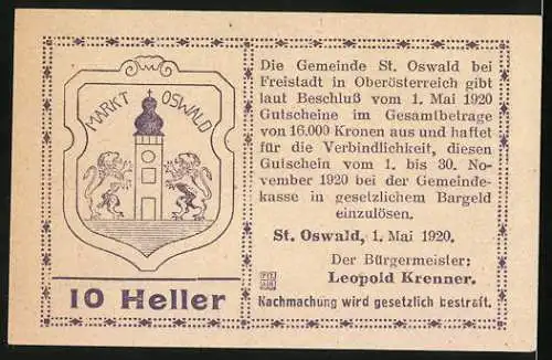 Notgeld St. Oswald bei Freistadt 1920, 10 Heller, Stadtwappen und zwei Kirchen