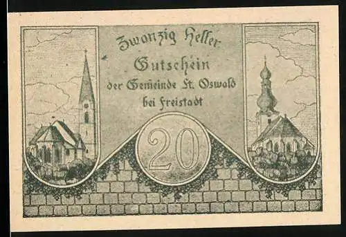 Notgeld St. Oswald bei Freistadt 1920, 20 Heller, Stadtwappen und zwei Kirchen Notgeld