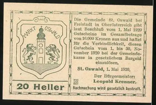 Notgeld St. Oswald bei Freistadt 1920, 20 Heller, Stadtwappen und zwei Kirchen Notgeld