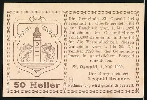 Notgeld St. Oswald bei Freistadt 1920, 50 Heller, Zwei Kirchen und Wappen