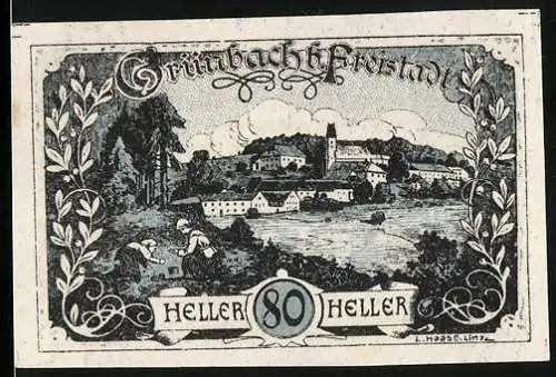 Notgeld Grünbach b. Freistadt 1920, 80 Heller, Ortsansicht mit Kirche