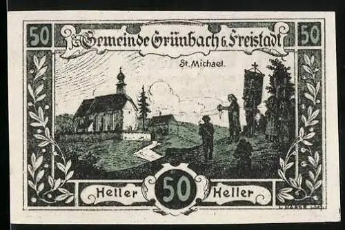 Notgeld Grünbach b. Freistadt 1920, 50 Heller, St. Michael Kirche