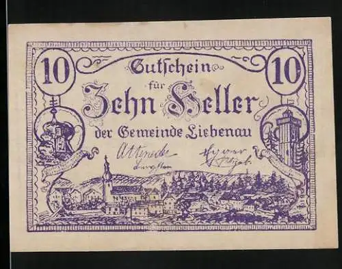 Notgeld Liebenau O. Ö. 1920, 10 Heller, Panorama des Ortes
