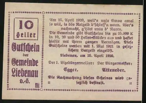 Notgeld Liebenau O. Ö. 1920, 10 Heller, Panorama des Ortes