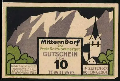 Notgeld Mitterndorf im Steir. Salzkammergut 1920, 10 Heller, Kirche und Berge