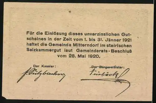 Notgeld Mitterndorf im Steir. Salzkammergut 1920, 10 Heller, Kirche und Berge