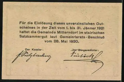 Notgeld Mitterndorf im Steir. Salzkammergut 1920, 20 Heller, Kirche vor Bergen