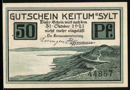 Notgeld Keitum a. Sylt 1921, 50 Pfennig, Küstenlandschaft und Reetdachhaus