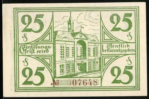 Notgeld Goldberg Mecklbg. 1921, 25 Pfennig, Wappen mit Kuh, Rathaus