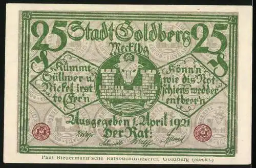Notgeld Goldberg Mecklbg. 1921, 25 Pfennig, Wappen mit Kuh, Rathaus
