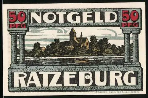 Notgeld Ratzeburg, 50 Pfennig, Razivia Die Ratgeberin, Ortsansicht