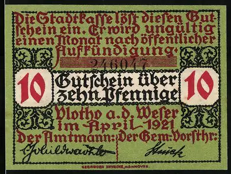 Notgeld Vlotho an der Weser 1921, 10 Pfennig, Wappen mit Blumen