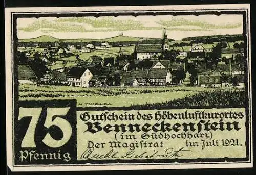 Notgeld Benneckenstein im Südhochharz 1921, 75 Pfennig, Ortsansicht