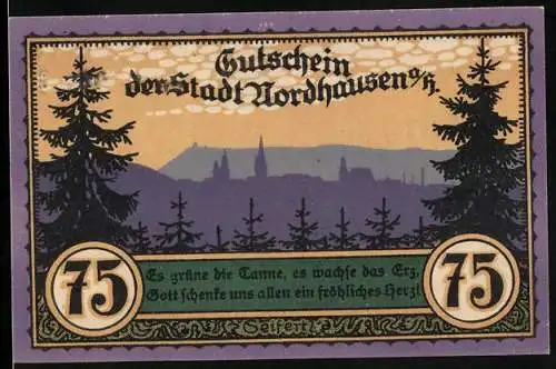 Notgeld Nordhausen a. H. 1921, 75 Pfennig, Ortsansicht mit Tannen, Der wilde Mann