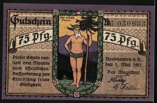 Notgeld Nordhausen a. H. 1921, 75 Pfennig, Ortsansicht mit Tannen, Der wilde Mann