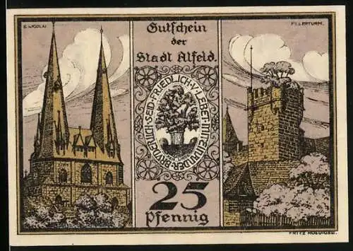 Notgeld Alfeld 1921, 25 Pfennig, St. Nicolai und Fillerturm
