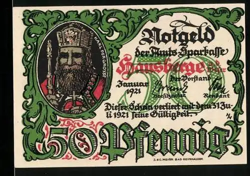 Notgeld Hausberge a. d. Weser 1921, 50 Pfennig, Karl der Grosse