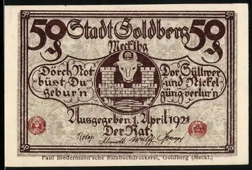 Notgeld Goldberg i. Mecklbg. 1921, 50 Pfennig, Wappen mit Kuh und Tor