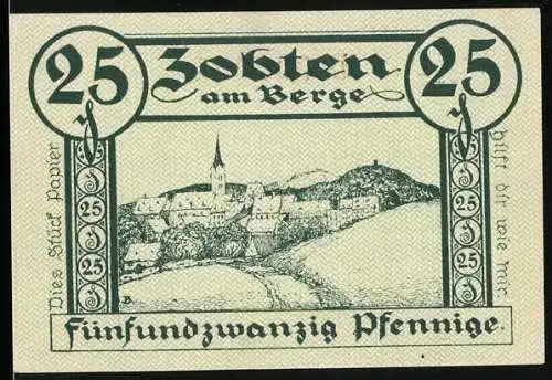 Notgeld Zobten am Berge 1919, 25 Pfennig, Ortsansicht, Wappen, Reiterdenkmal