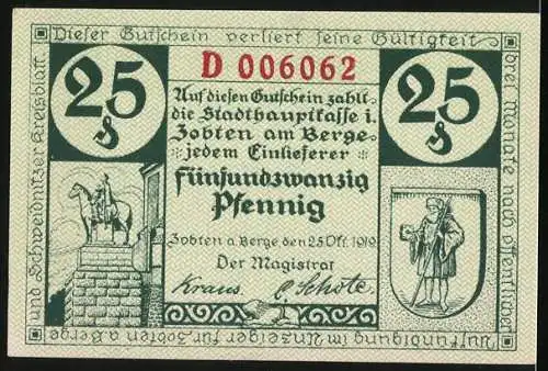 Notgeld Zobten am Berge 1919, 25 Pfennig, Ortsansicht, Wappen, Reiterdenkmal