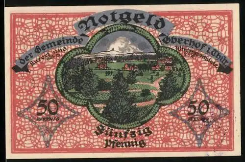 Notgeld Oberhof i. Thür. 1919, 50 Pfennig, Ortsansicht mit Landschaft, Stempel