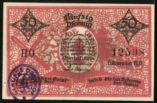 Notgeld Oberhof i. Thür. 1919, 50 Pfennig, Ortsansicht mit Landschaft, Stempel