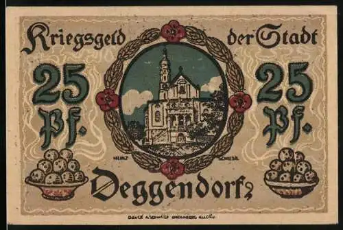 Notgeld Deggendorf 1918, 25 Pfennig, Wappen, Rathaus