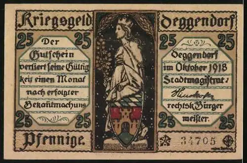 Notgeld Deggendorf 1918, 25 Pfennig, Wappen, Rathaus