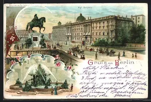 Lithographie Berlin, Königliches Schloss und Schlossbrunnen