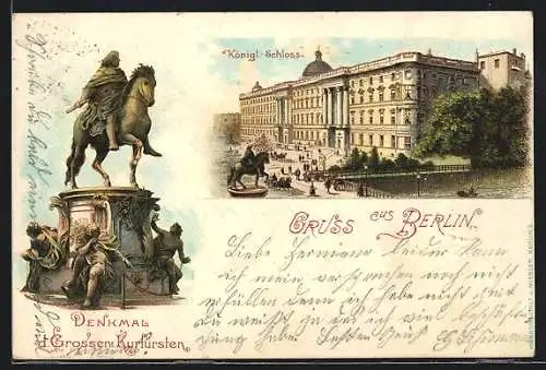 Lithographie Berlin, Kgl. Schloss, Denkmal d. Grossen Kurfürsten