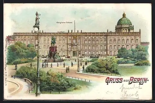 Lithographie Berlin, Königliches Schloss, beleuchtete Fenster und Mond