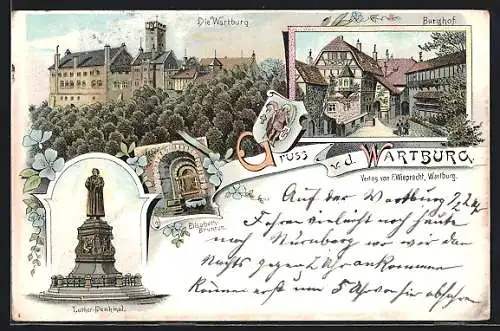 Lithographie Wartburg, Gesamtansicht, Burghof, Luther-Denkmal