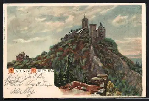 Lithographie Wartburg, Blick von unten auf die Burg