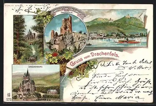 Lithographie Königswinter, Drachenburg, Drachenfels, Wasserpartie mit Dampfer