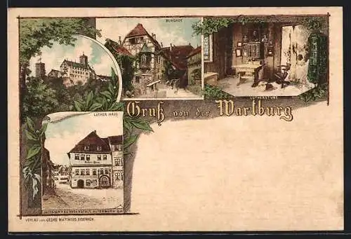 Lithographie Wartburg, Gesamtansicht, Burghof, Lutherstube
