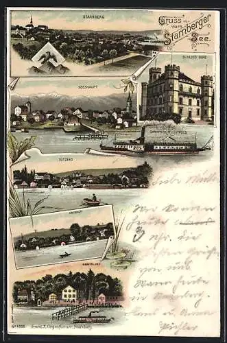 Lithographie Starnberg /Starnberger See, Schloss Berg, Seeshaupt, Dampfschiff Luitpold