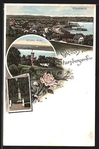 Lithographie Starnberg, Totalansicht mit Starnberger See, Schloss Berg