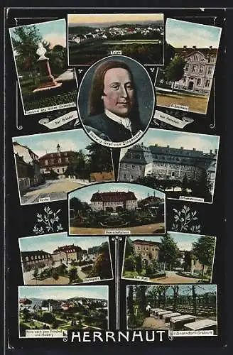 AK Herrnhut, Brüderhaus, Schwesternhaus, Herrschaftshaus, Kirche, Marktplatz, Ludwig Graf von Zinzendorf Portrait