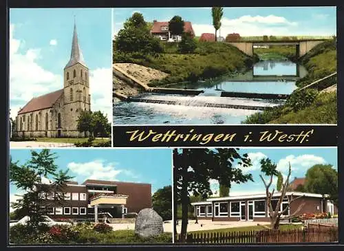 AK Wettringen / Westf., Kirche, Bachpartie und Kindergarten