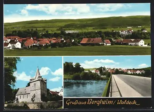 AK Bergheim / Waldeck, Kirche, Brücke, Ortspanorama