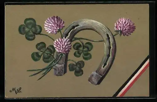 Künstler-AK Handgemalt: Blumen, Hufeisen und Kleeblätter