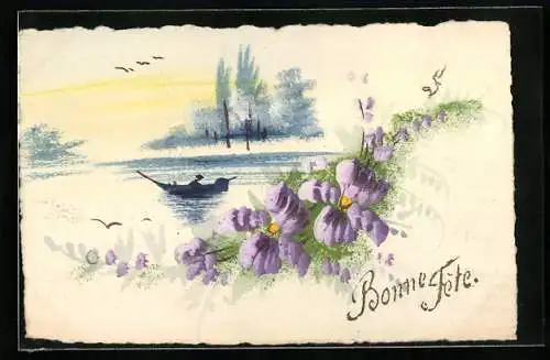 Künstler-AK Handgemalt: Uferpartie mit Boot und Blumen, Geburtstagsgruss