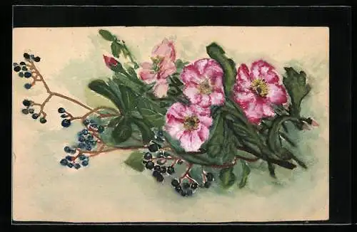 Künstler-AK Handgemalt: Blumen mit Beeren