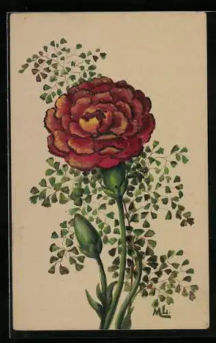 Künstler-AK Handgemalt: Rote Blume mit Knospen