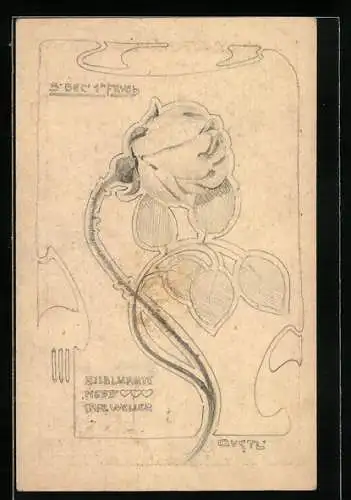 Künstler-AK Handgemalt: Rose mit Blättern