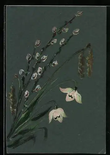 Künstler-AK Handgemalt: Kätzchenzweige mit Blumen