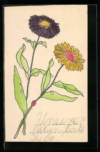 Künstler-AK Handgemalt: Violette und gelbe Blume