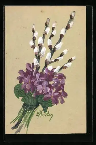 Künstler-AK Handgemalt: Kätzchenzweige mit Veilchen